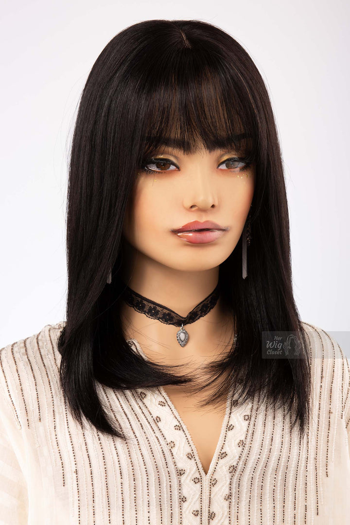 Straight Long Bob Cut Wig Natural Black Wig with Bangs