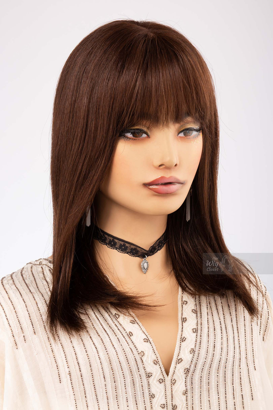 Straight Long Bob Cut Wig Natural Brown Brunette Wig with Bangs