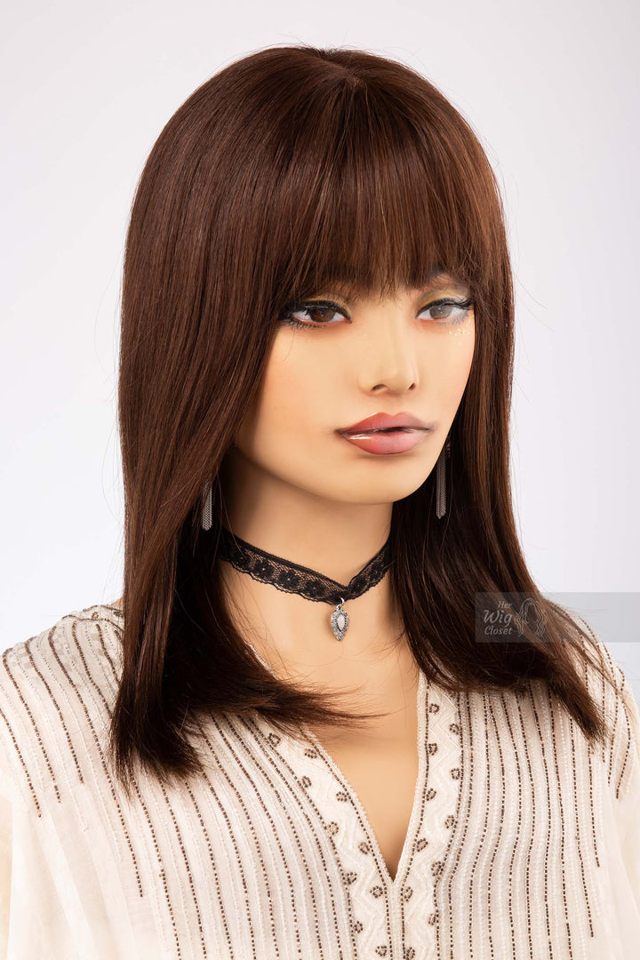 Straight Long Bob Cut Wig Natural Brown Brunette Wig with Bangs