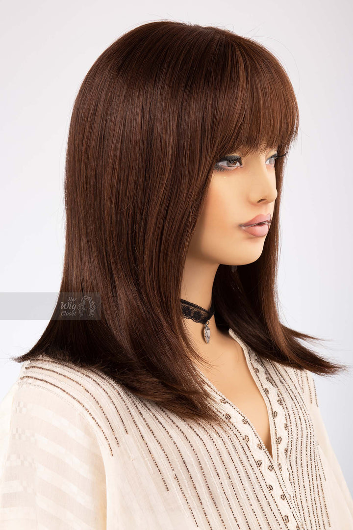 Straight Long Bob Cut Wig Natural Brown Brunette Wig with Bangs