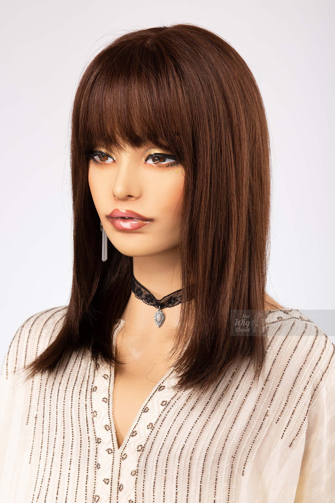 Straight Long Bob Cut Wig Natural Brown Brunette Wig with Bangs