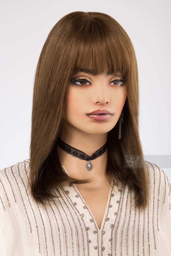 Straight Long Bob Cut Wig Brown Matcha Undertone Wig with Bangs