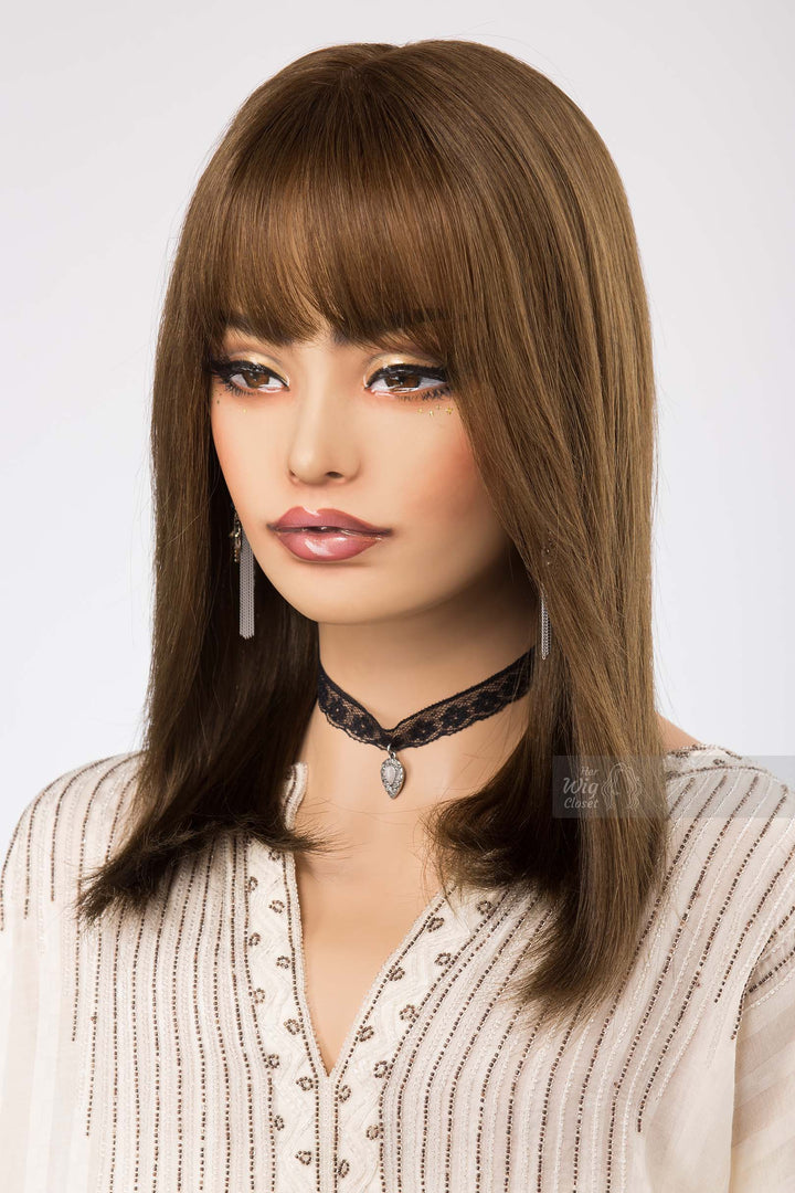 Straight Long Bob Cut Wig Brown Matcha Undertone Wig with Bangs