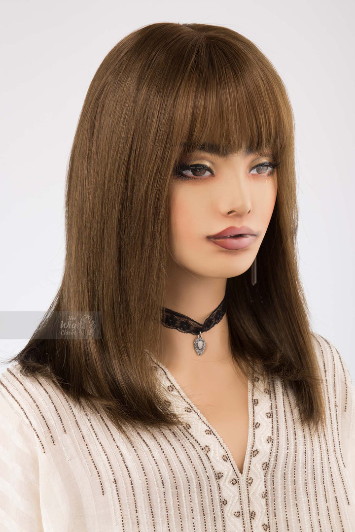 Straight Long Bob Cut Wig Brown Matcha Undertone Wig with Bangs