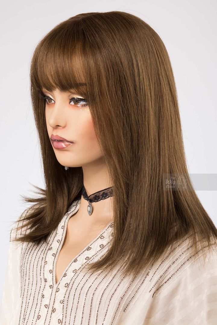 Straight Long Bob Cut Wig Brown Matcha Undertone Wig with Bangs