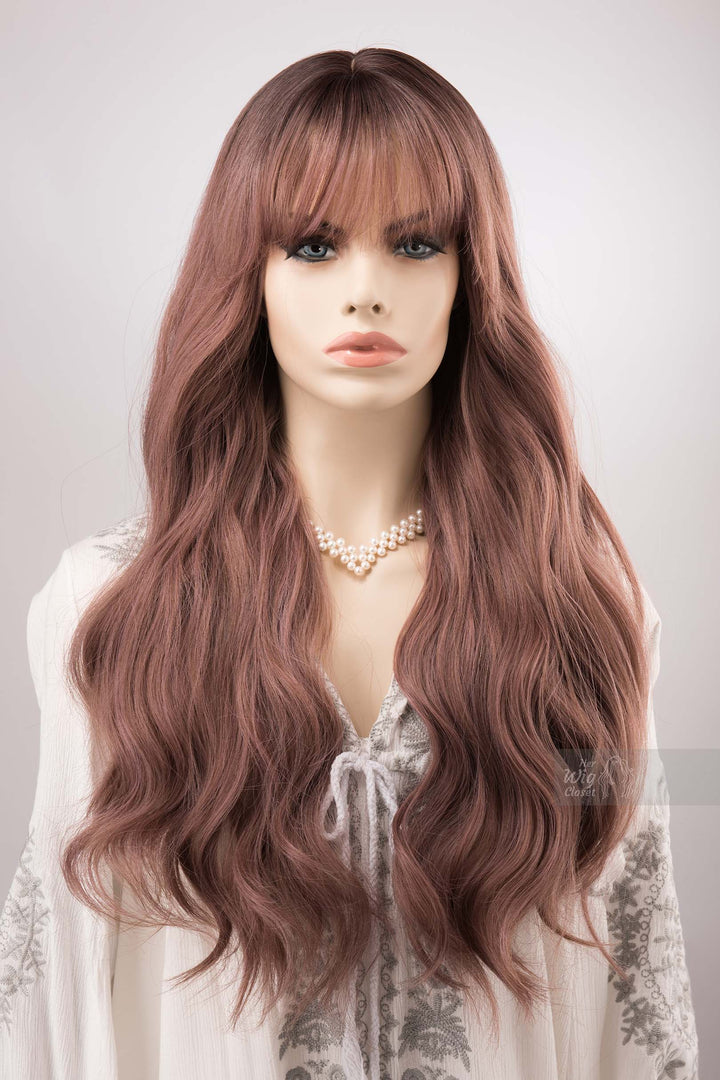 Smoky Rose Pink Wig with Bangs Wavy Dark Root Ombre Synthetic Wig Lila