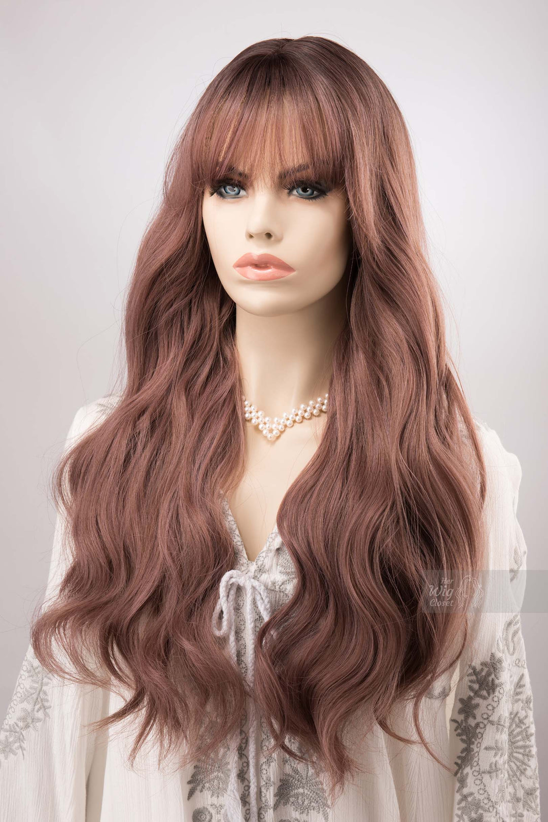 Smoky Rose Pink Wig with Bangs Wavy Dark Root Ombre Synthetic Wig Lila