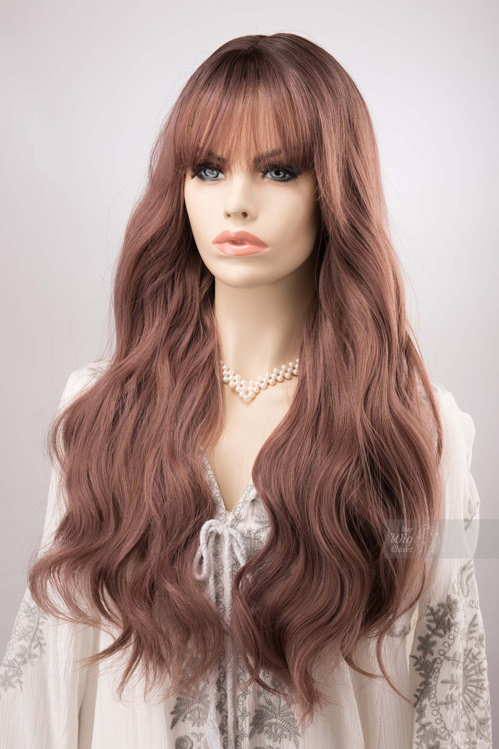 Smoky Rose Pink Wig with Bangs Wavy Dark Root Ombre Synthetic Wig Lila
