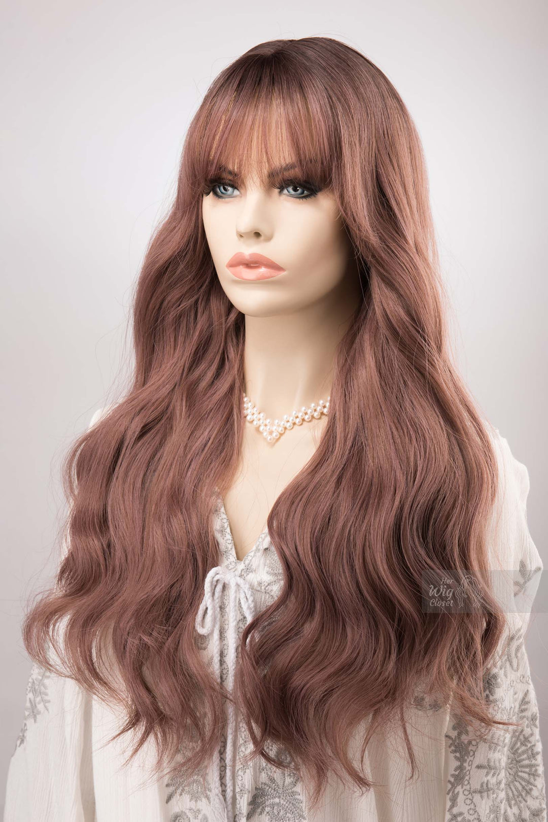 Smoky Rose Pink Wig with Bangs Wavy Dark Root Ombre Synthetic Wig Lila
