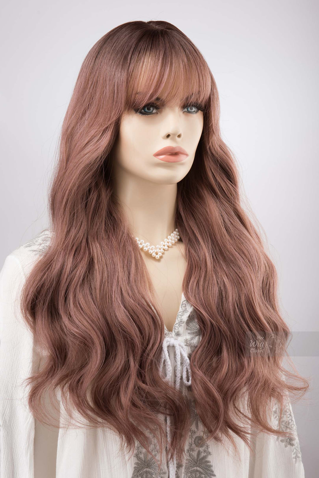 Smoky Rose Pink Wig with Bangs Wavy Dark Root Ombre Synthetic Wig Lila