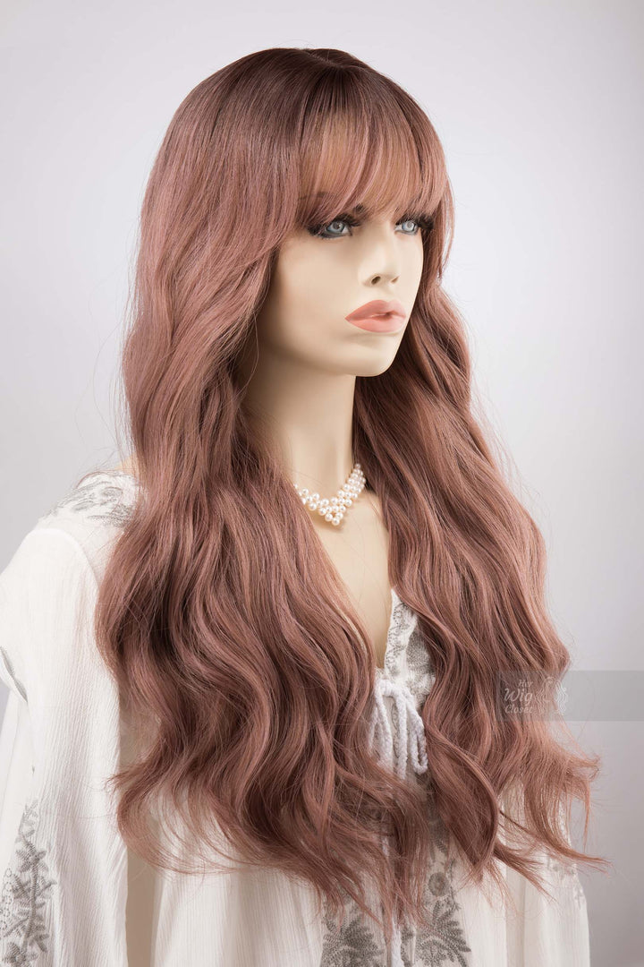 Smoky Rose Pink Wig with Bangs Wavy Dark Root Ombre Synthetic Wig Lila
