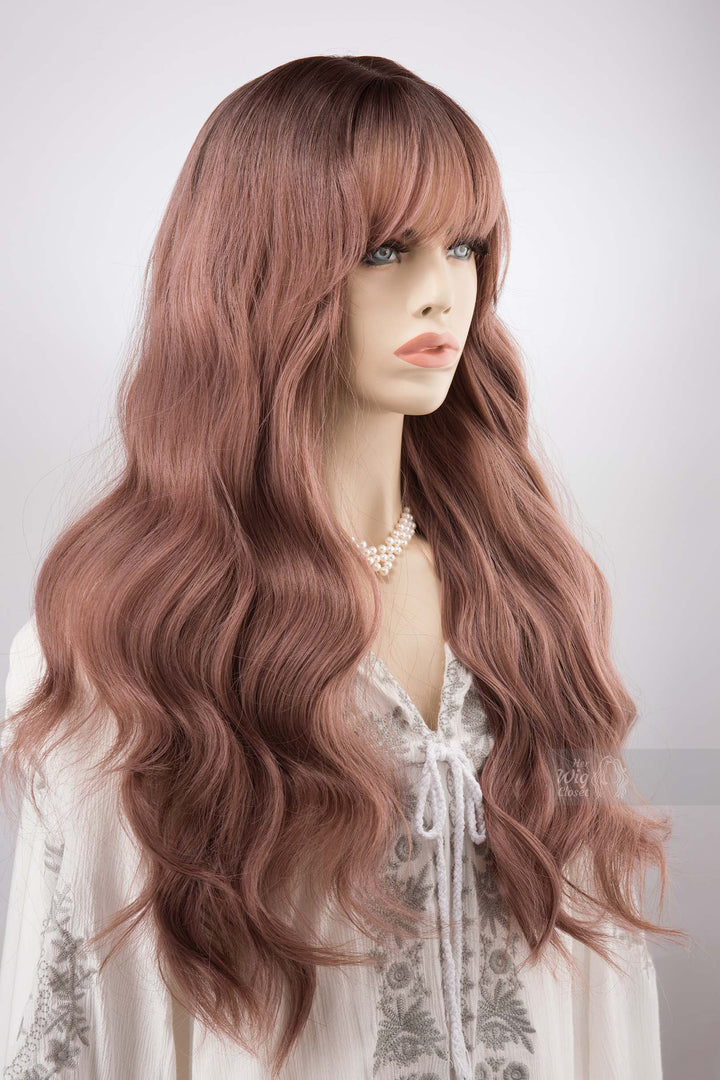 Smoky Rose Pink Wig with Bangs Wavy Dark Root Ombre Synthetic Wig Lila