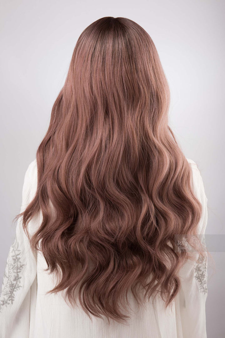 Smoky Rose Pink Wig with Bangs Wavy Dark Root Ombre Synthetic Wig Lila