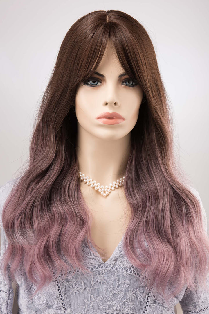 Brown Purple Ombre Wavy Wig with Bangs Synthetic Wig Lilian