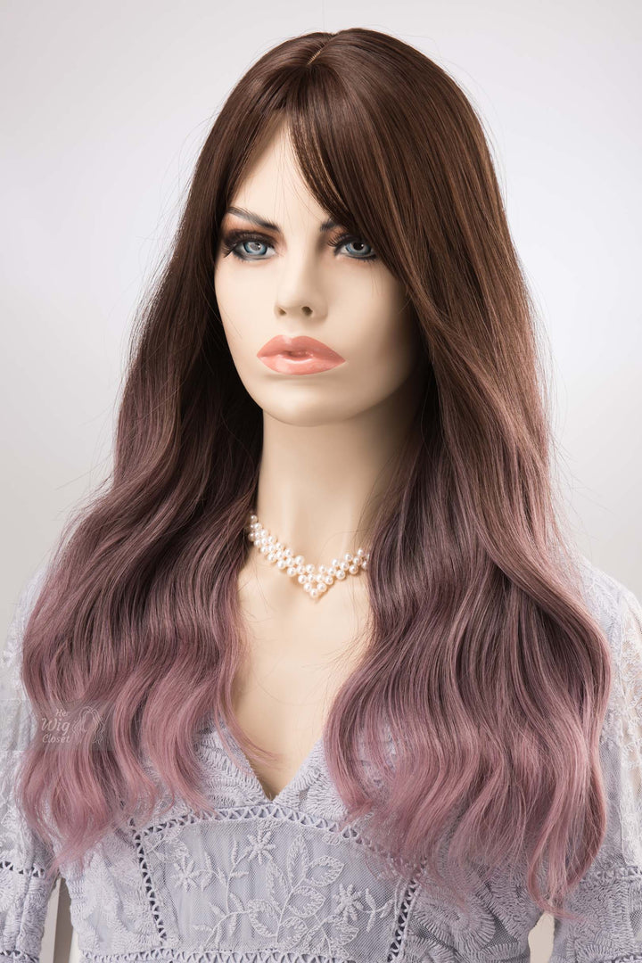 Brown Purple Ombre Wavy Wig with Bangs Synthetic Wig Lilian