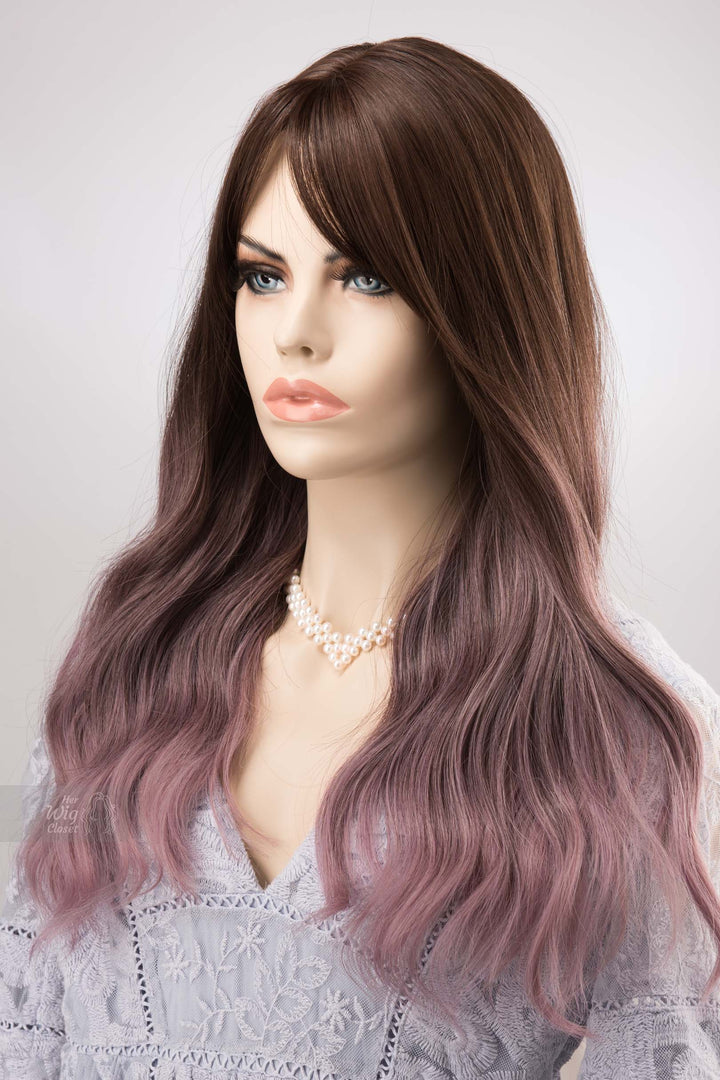 Brown Purple Ombre Wavy Wig with Bangs Synthetic Wig Lilian