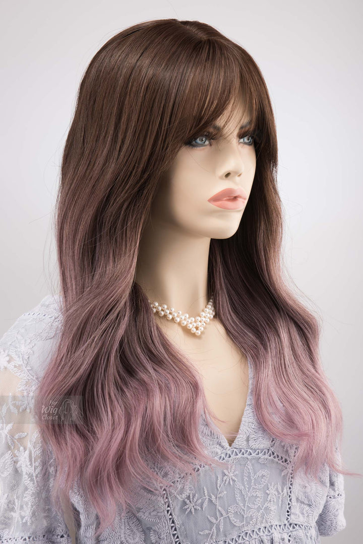 Brown Purple Ombre Wavy Wig with Bangs Synthetic Wig Lilian