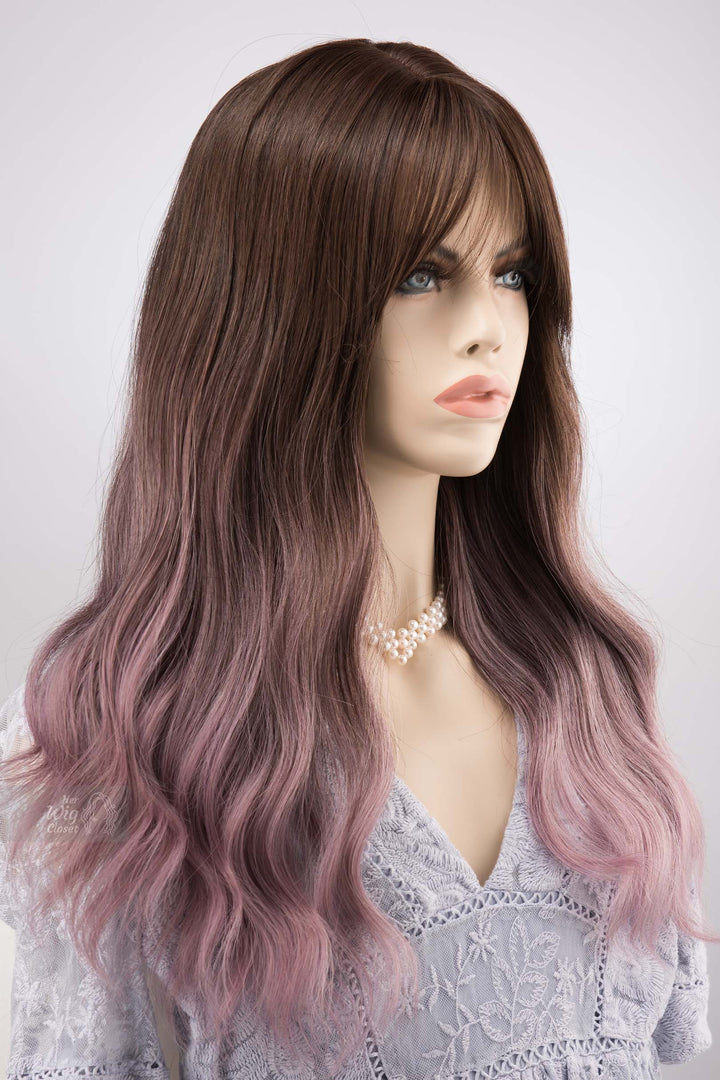 Brown Purple Ombre Wavy Wig with Bangs Synthetic Wig Lilian