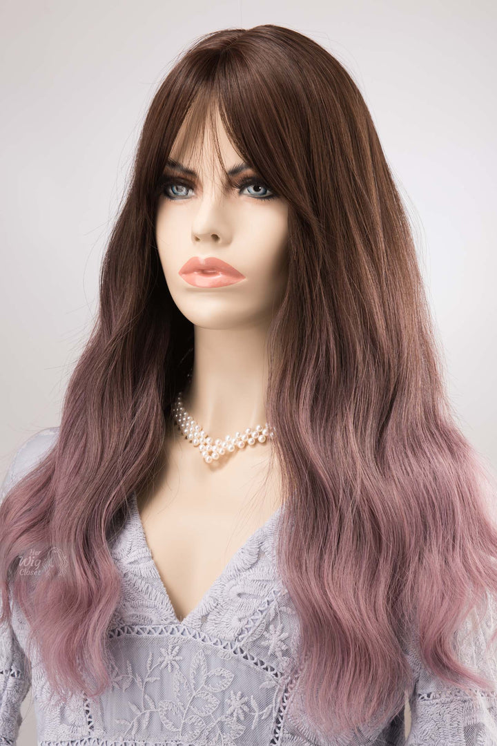 Brown Purple Ombre Wavy Wig with Bangs Synthetic Wig Lilian