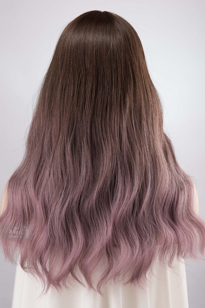 Brown Purple Ombre Wavy Wig with Bangs Synthetic Wig Lilian