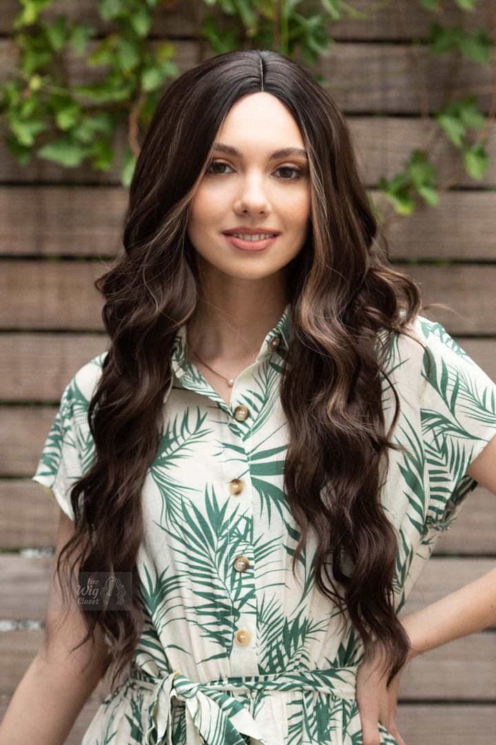 Natural Brown Brunette with Blonde Highlight Long Wavy Small Lace Wig | Naomi