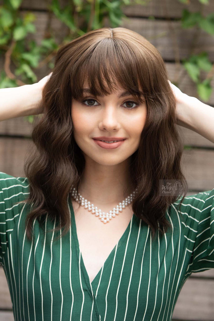 Brunette Dark Brown Wavy Synthetic Wig with Bangs Natalie