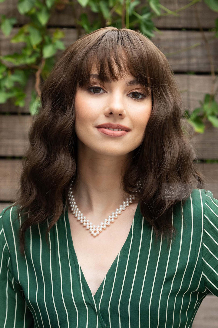Brunette Dark Brown Wavy Synthetic Wig with Bangs Natalie