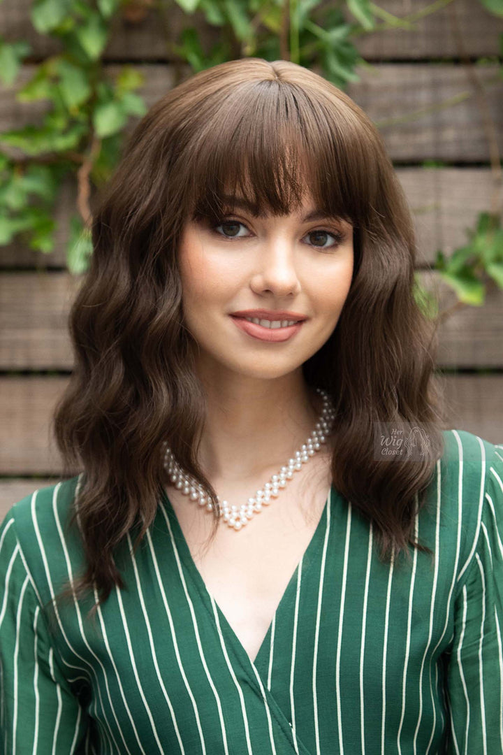 Brunette Dark Brown Wavy Synthetic Wig with Bangs Natalie