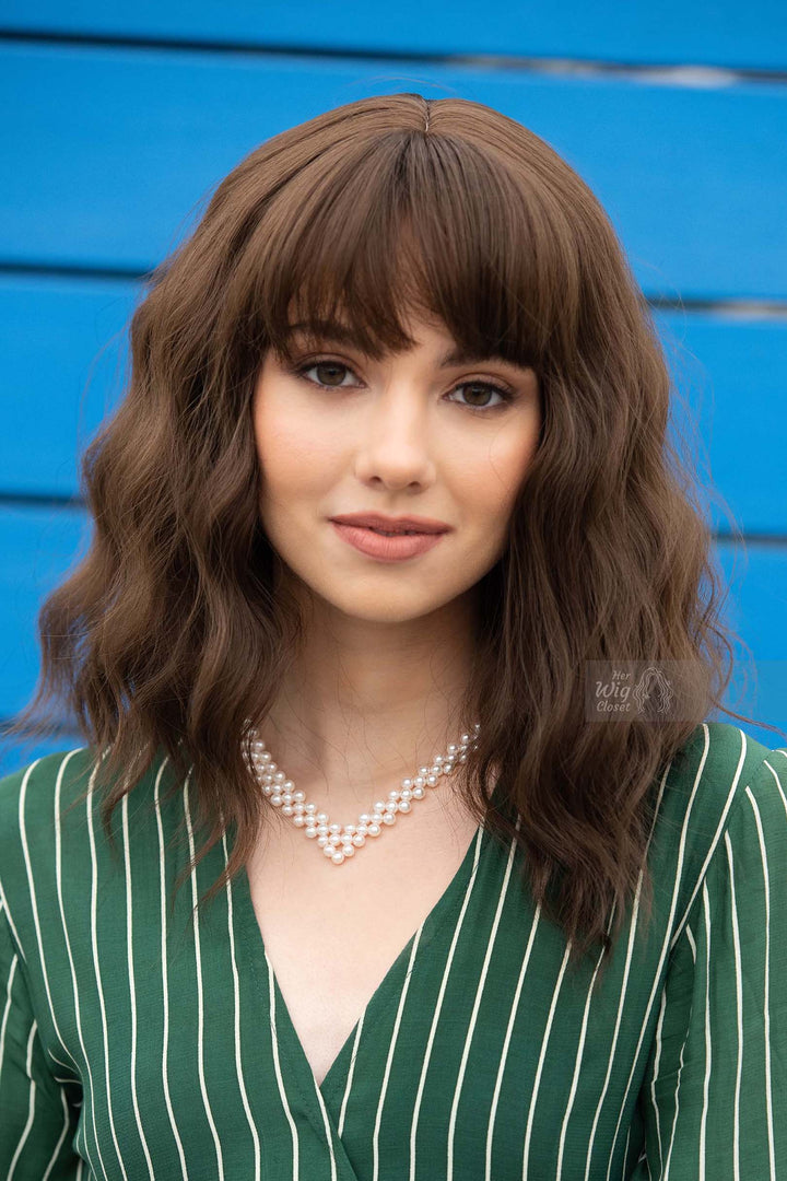 Brunette Dark Brown Wavy Synthetic Wig with Bangs Natalie