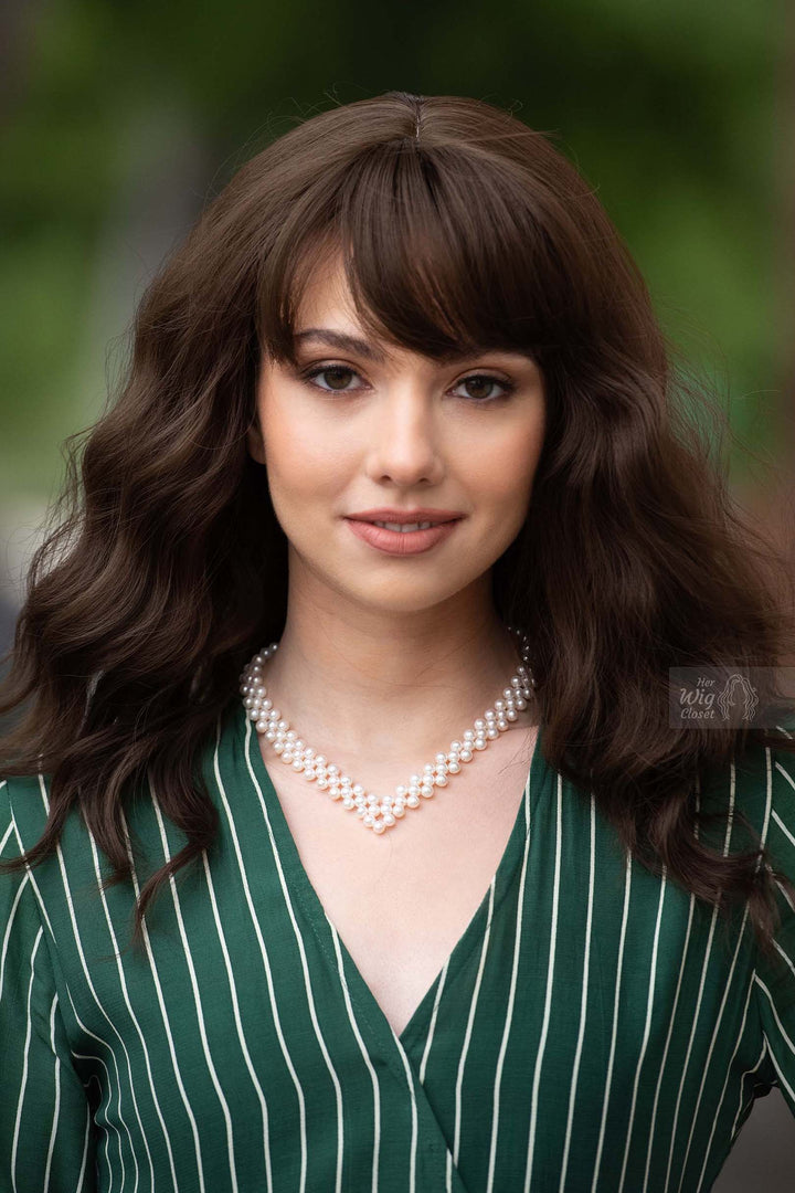 Brunette Dark Brown Wavy Synthetic Wig with Bangs Natalie