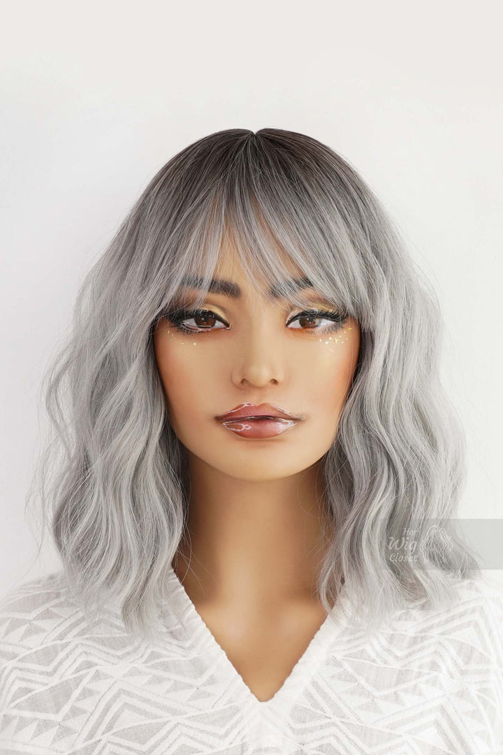 Silver Ombre Wavy Synthetic Bob Wig with Bangs Ororo