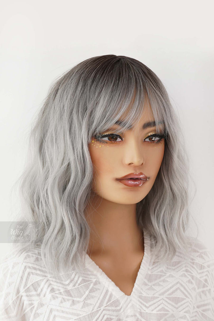 Silver Ombre Wavy Synthetic Bob Wig with Bangs Ororo