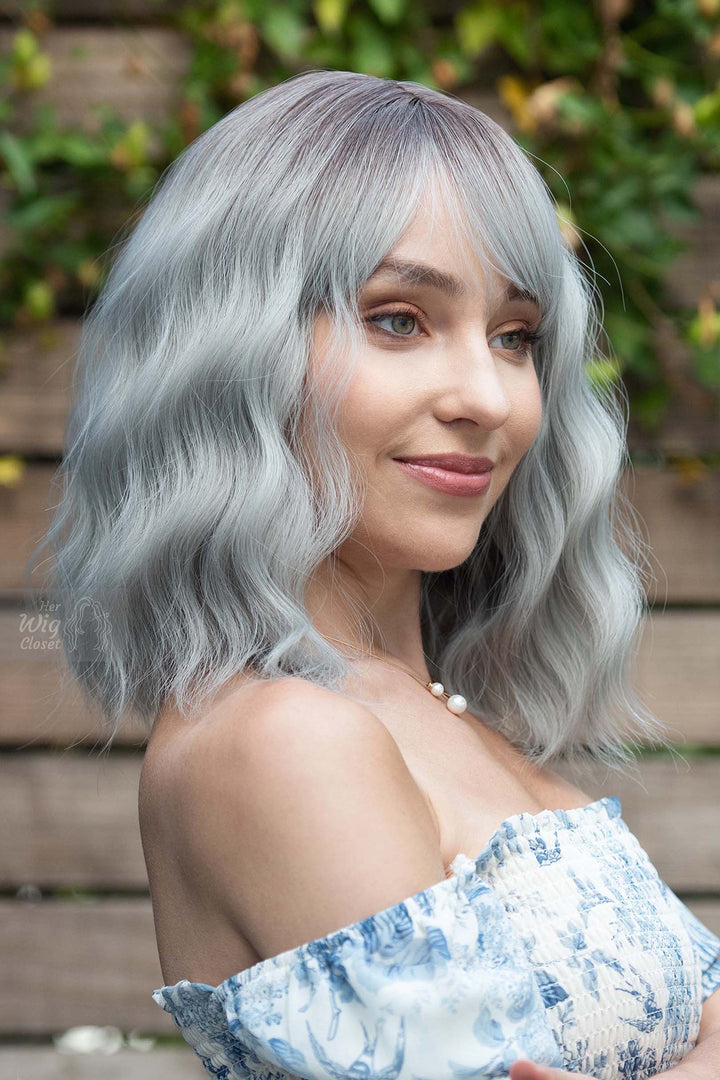 Silver Ombre Wavy Synthetic Bob Wig with Bangs Ororo