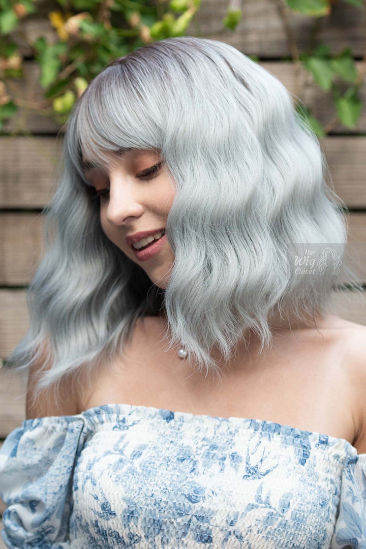 Silver Ombre Wavy Synthetic Bob Wig with Bangs Ororo