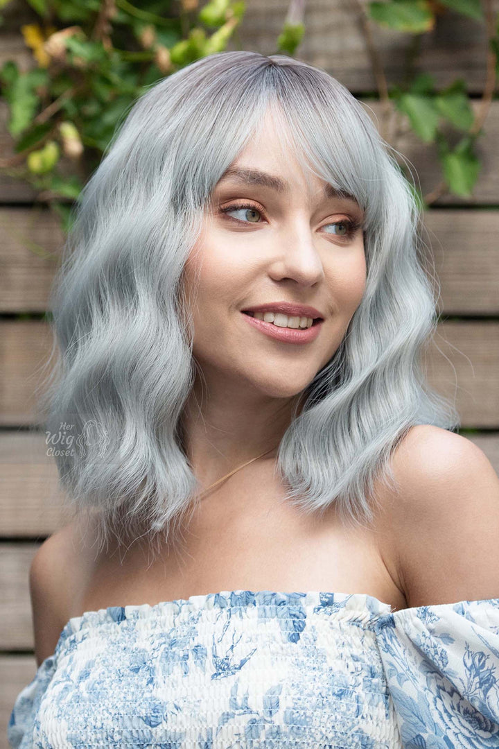 Silver Ombre Wavy Synthetic Bob Wig with Bangs Ororo
