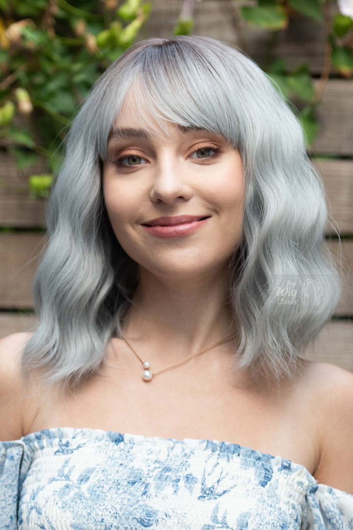Silver Ombre Wavy Synthetic Bob Wig with Bangs Ororo