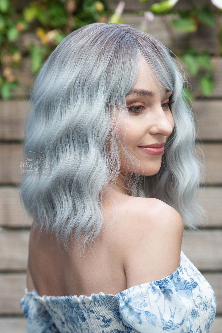 Silver Ombre Wavy Synthetic Bob Wig with Bangs Ororo