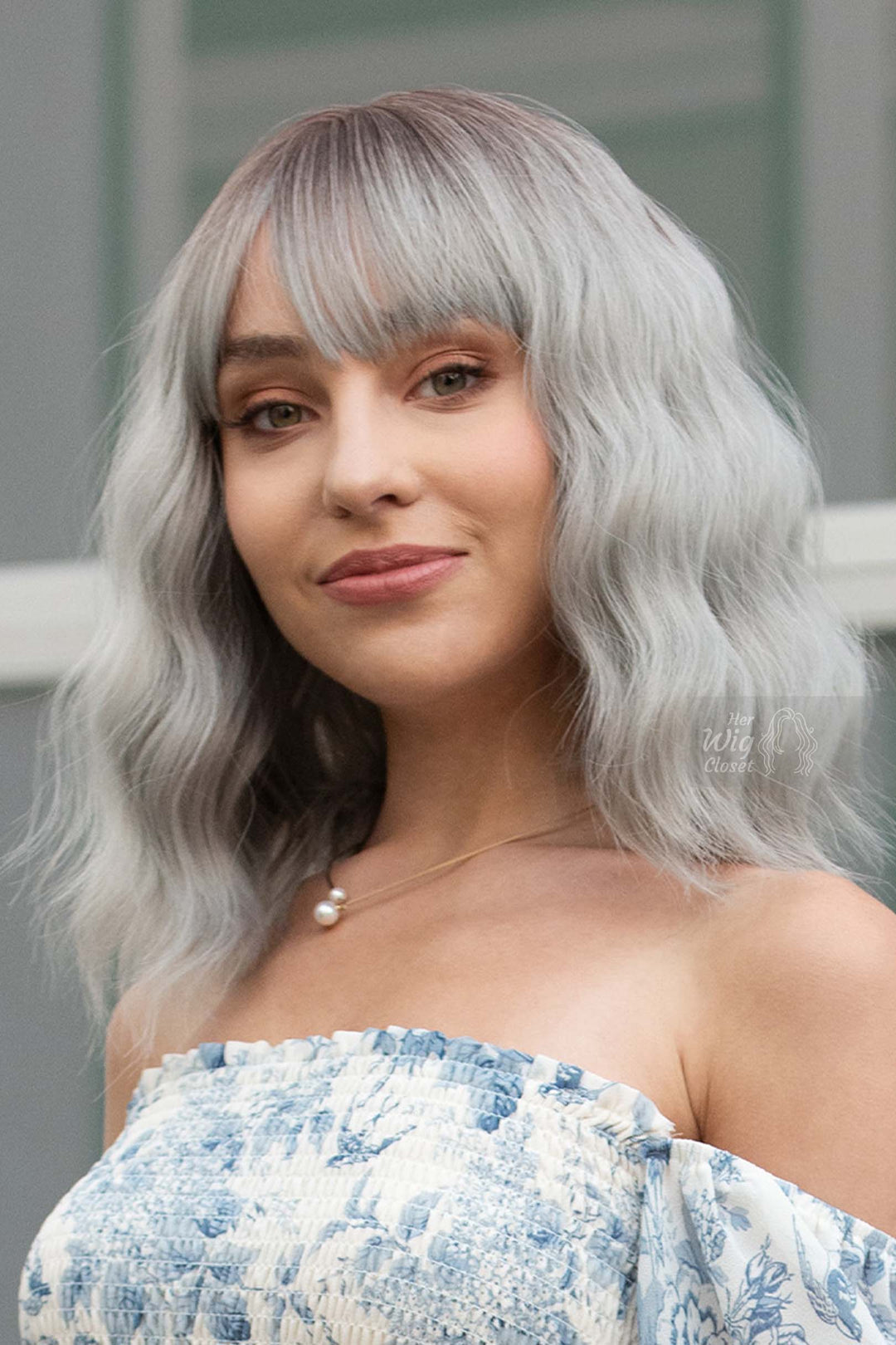 Silver Ombre Wavy Synthetic Bob Wig with Bangs Ororo