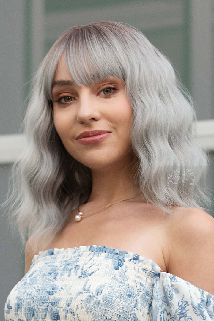 Silver Ombre Wavy Synthetic Bob Wig with Bangs Ororo