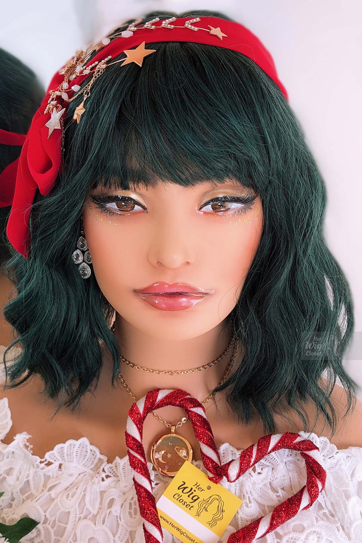 Pastel Green Wavy Synthetic Bob Wig with Bangs Polaris