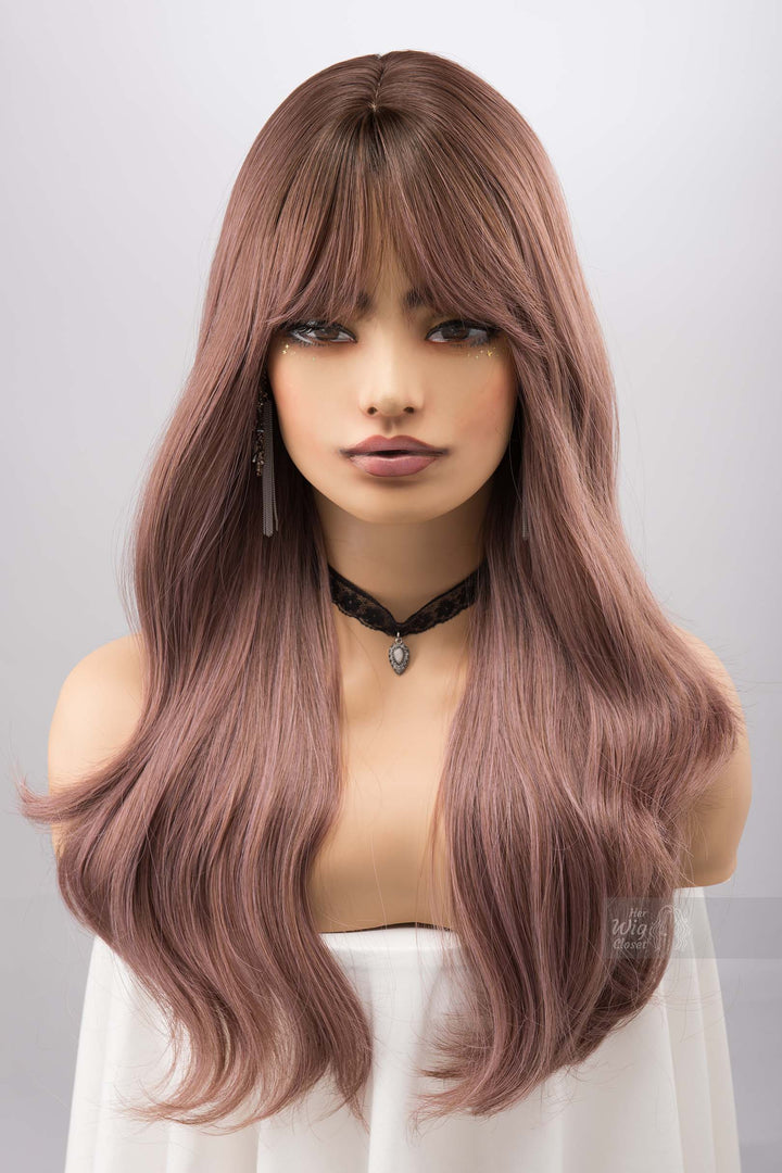 Dusty Pink Smokey Blush Pink Wig with Bangs Synthetic Wig Rora