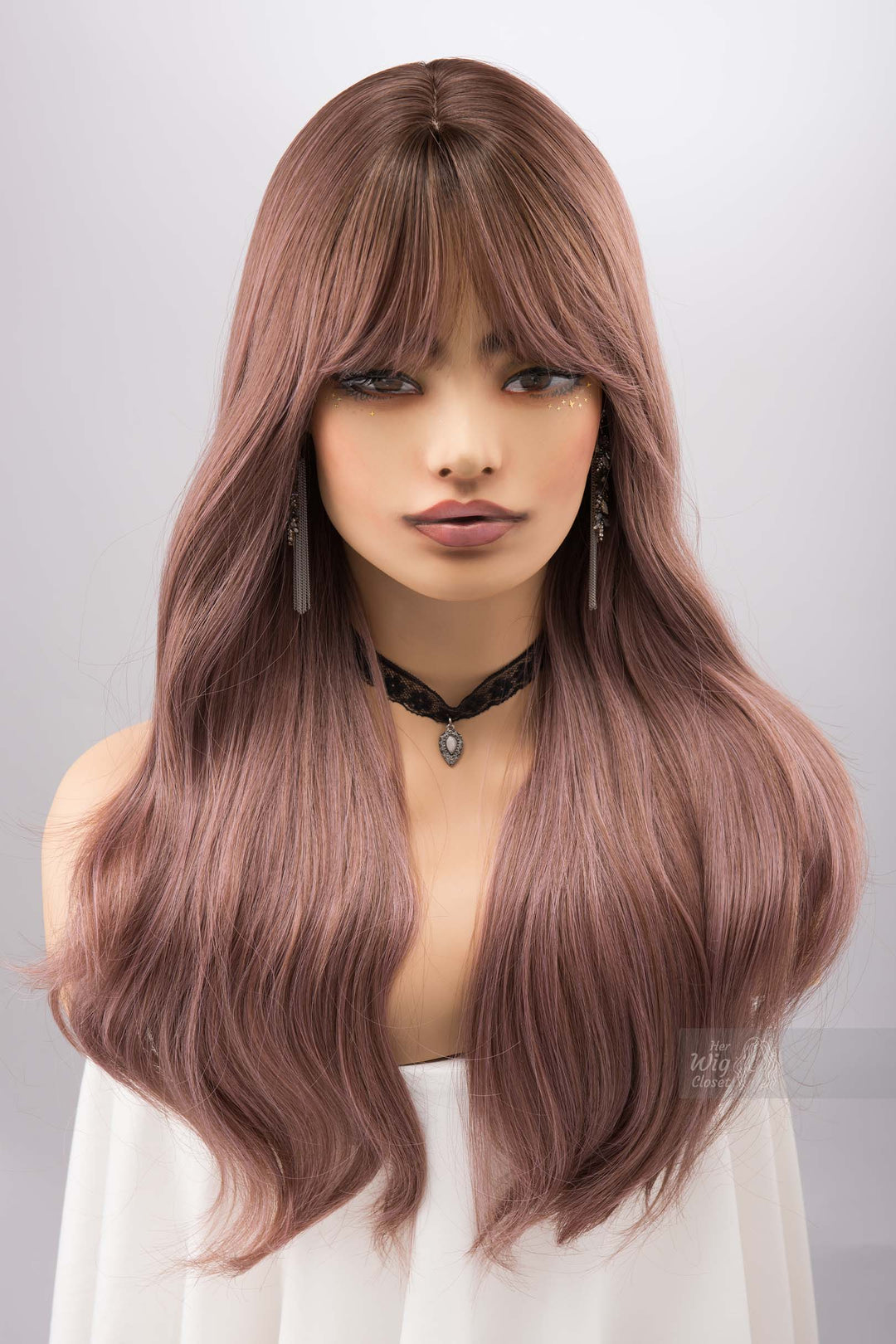 Dusty Pink Smokey Blush Pink Wig with Bangs Synthetic Wig Rora