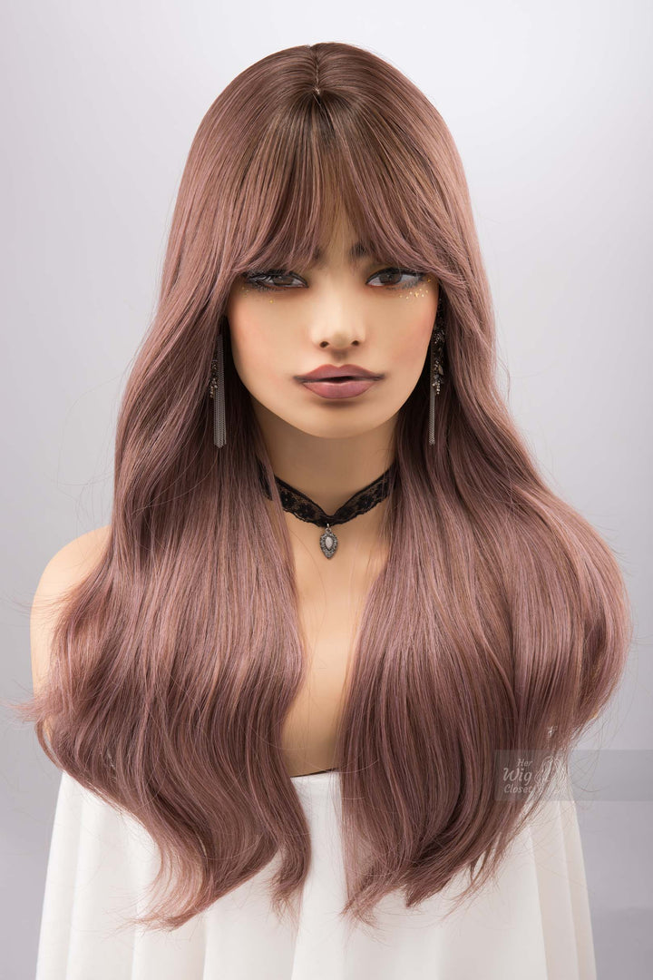 Dusty Pink Smokey Blush Pink Wig with Bangs Synthetic Wig Rora