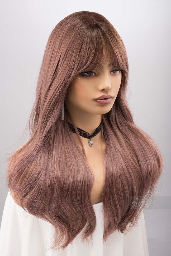 Dusty Pink Smokey Blush Pink Wig with Bangs Synthetic Wig Rora