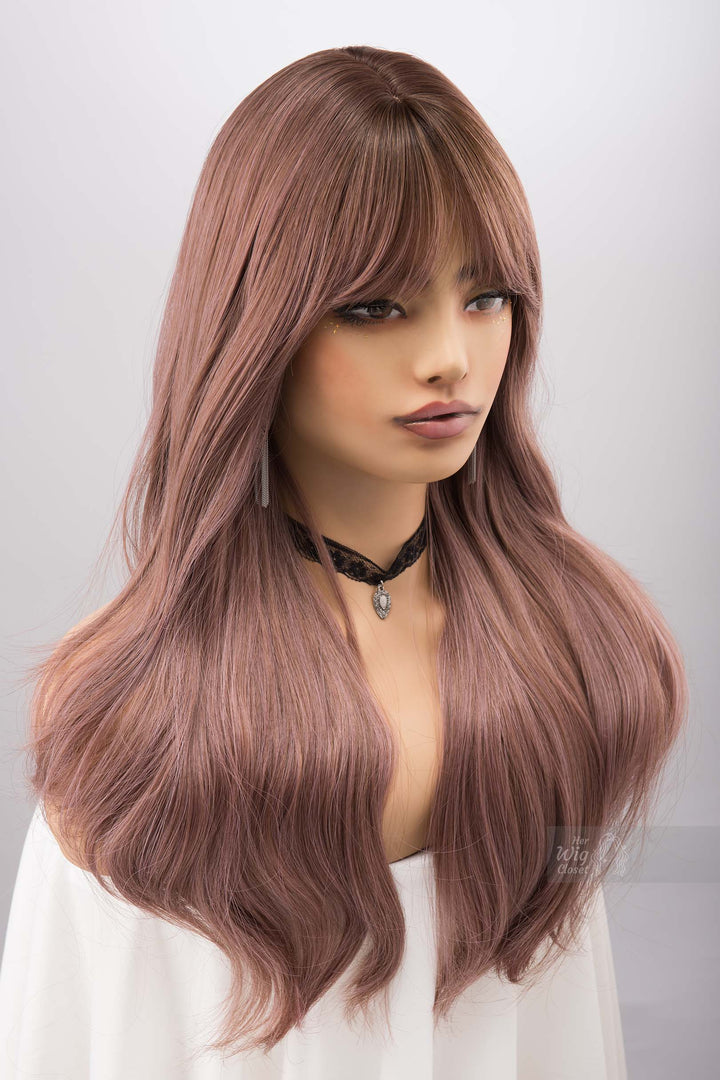 Dusty Pink Smokey Blush Pink Wig with Bangs Synthetic Wig Rora