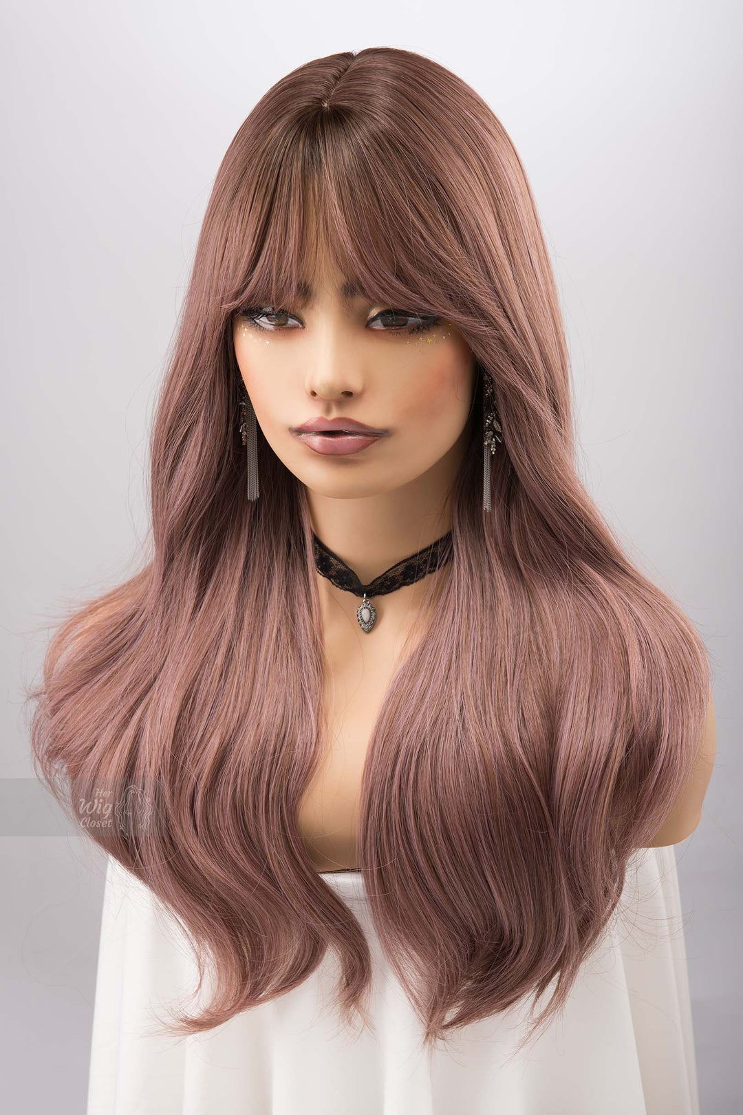 Dusty Pink Smokey Blush Pink Wig with Bangs Synthetic Wig Rora
