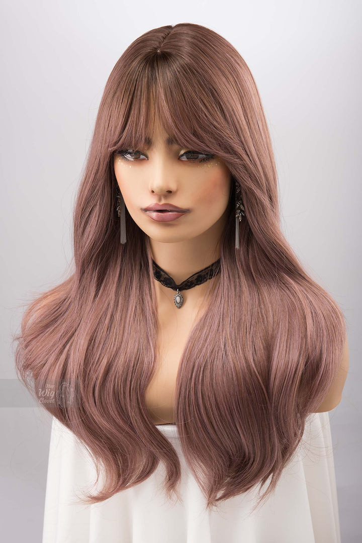 Dusty Pink Smokey Blush Pink Wig with Bangs Synthetic Wig Rora