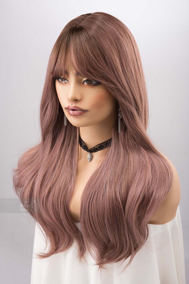 Dusty Pink Smokey Blush Pink Wig with Bangs Synthetic Wig Rora