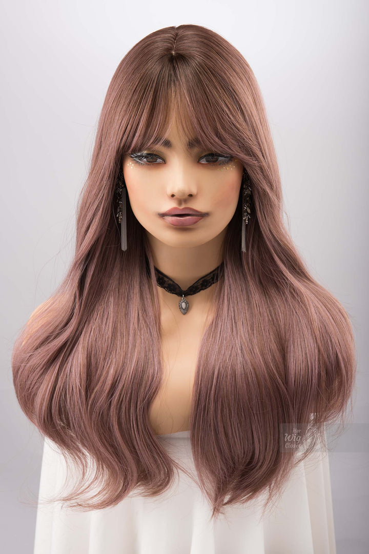 Dusty Pink Smokey Blush Pink Wig with Bangs Synthetic Wig Rora