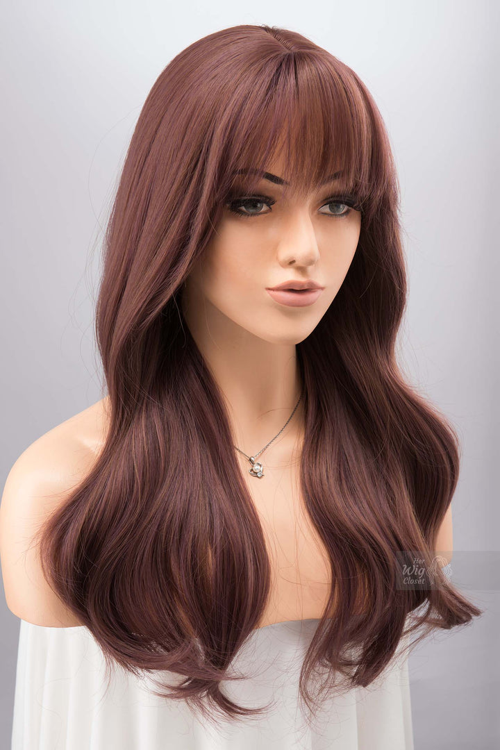 Smokey Dusty Rose Pink Wig with Bangs Wine Color Burgundy Hair Samira
